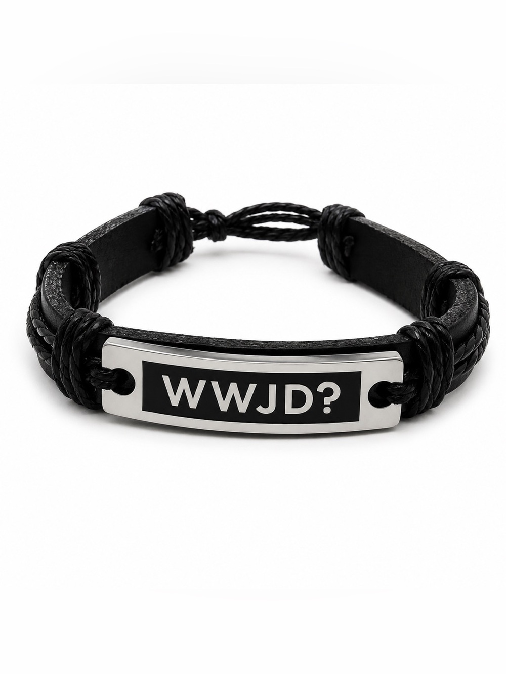 Unisex Black Leather Men's Bracelet with Stainless Steel WWJD Plate, New